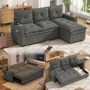 Sofá Cama Extraíble 81 Pulgadas Felpilla Respaldo Ajustable Almacenamiento USB Chaise