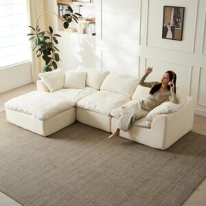 Sofá Cama Seccional Forma L 110 Pulgadas 3 Plazas Beige Otomana Sin Estructura
