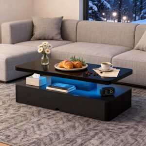 Mesa de Centro Rectangular Madera LED 2 Niveles Negro