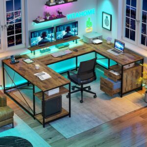 YITAHOME Escritorio en L Con Cajones Con Carga USB Con LED Reversible