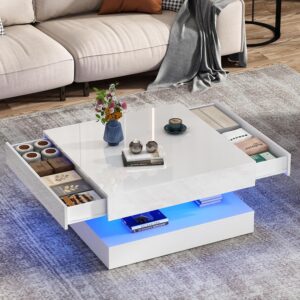 jiteentarou Mesa de Centro Cuadrada LED Alto Brillo Cajones