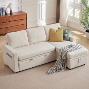 Sofá Cama Seccional Forma L 2 En 1 Extraíble Plegable 79 Pulgadas Beige Chaise