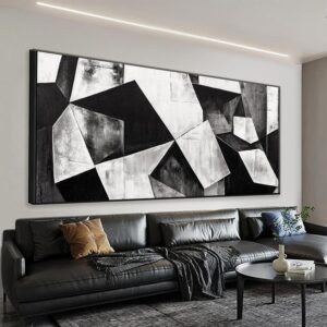 Lienzo abstracto blanco y negro, 20 x 40" con marco
