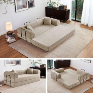 Sofá Cama Futón 5 En 1 Extraíble 79 Pulgadas Pana Beige Espuma Viscoelástica