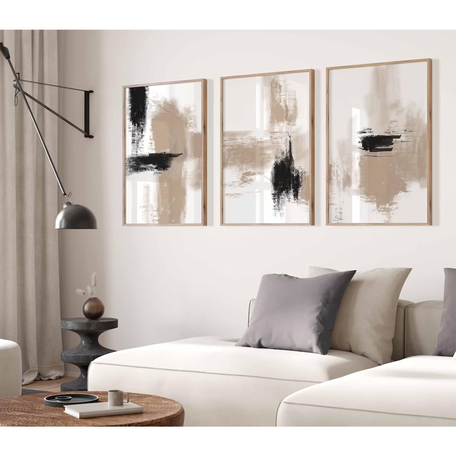 Joocrise Juego de 3 pinturas abstractas de color beige para pared, lienzo neutro - Imagen 3