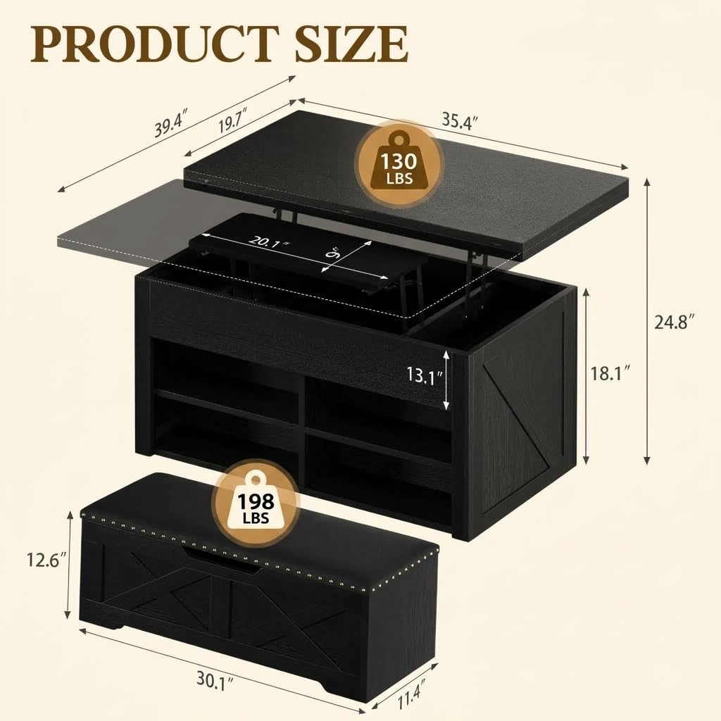 Mesa auxiliar elevable con banco de almacenamiento, diseño convertible 4 en - Imagen 2