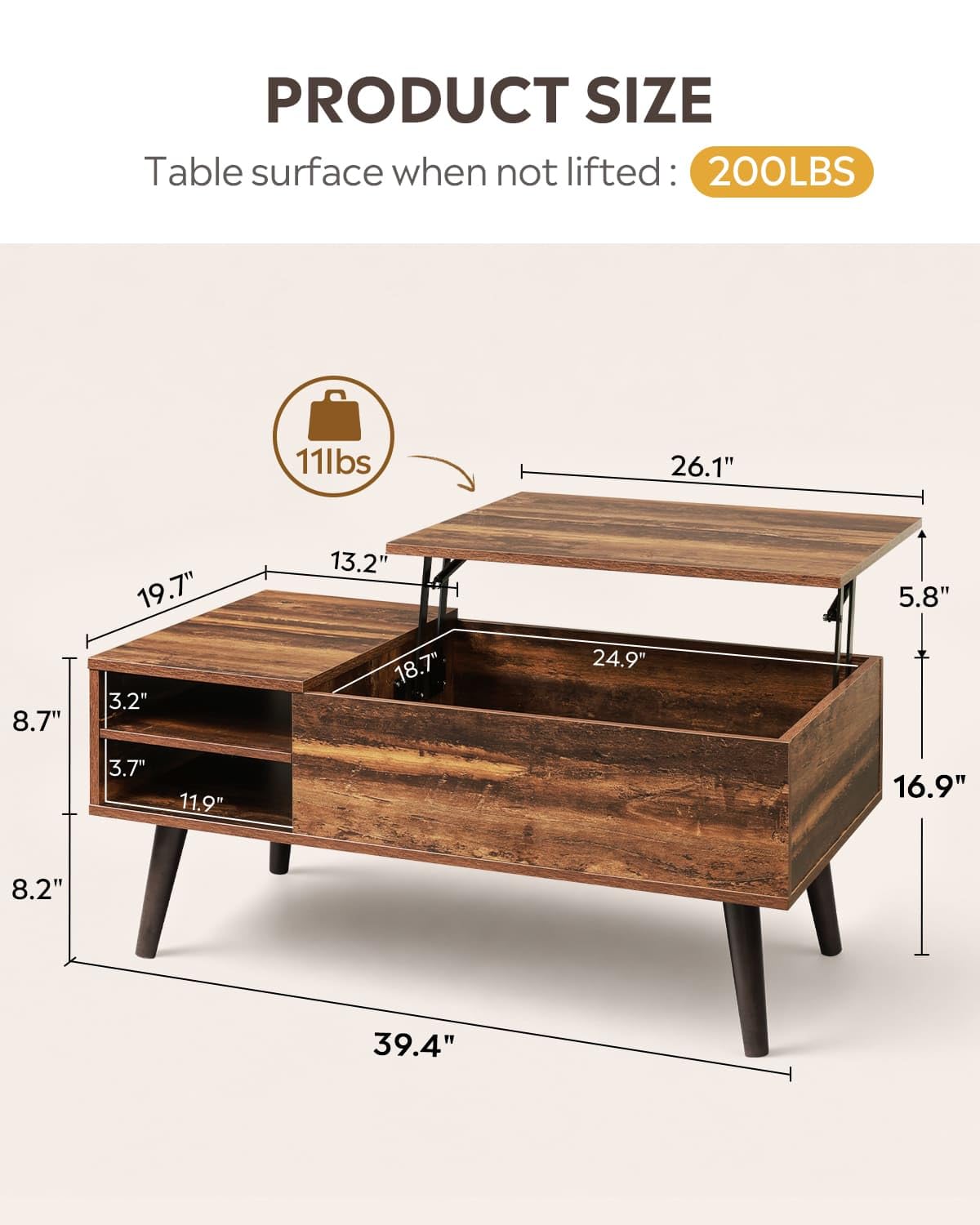WLIVE Mesa auxiliar elevable con almacenamiento oculto, estante ajustable - Imagen 3