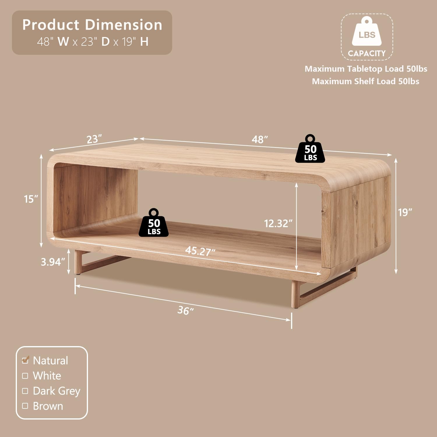 IFGET Mesa de Centro Moderna de 48", Mesa Central Minimalista de 2 Niveles con Estante - Imagen 2
