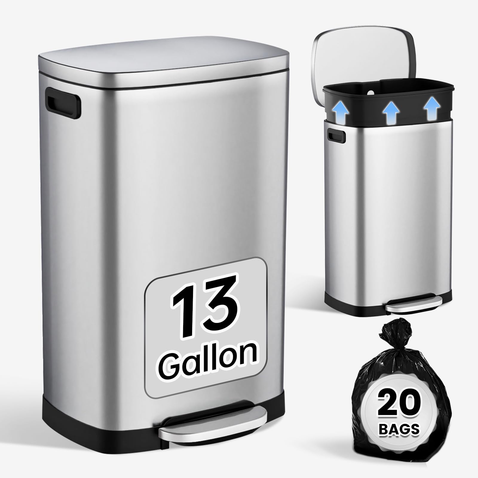 ELPHECO Basurero de cocina con tapa de acero inoxidable de 13 galones