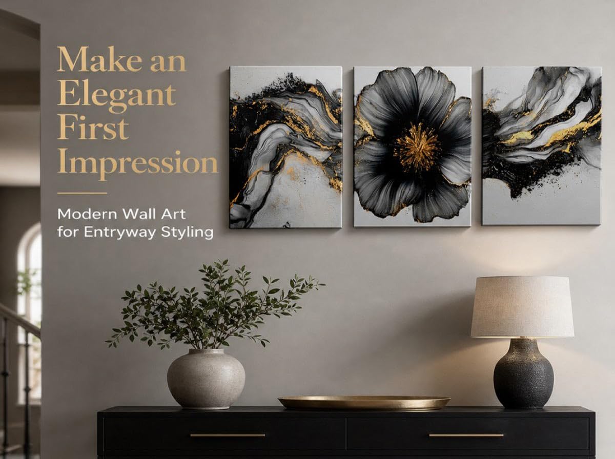 BVVEYKXX Arte de pared en lienzo negro y dorado, impresiones florales - Imagen 5