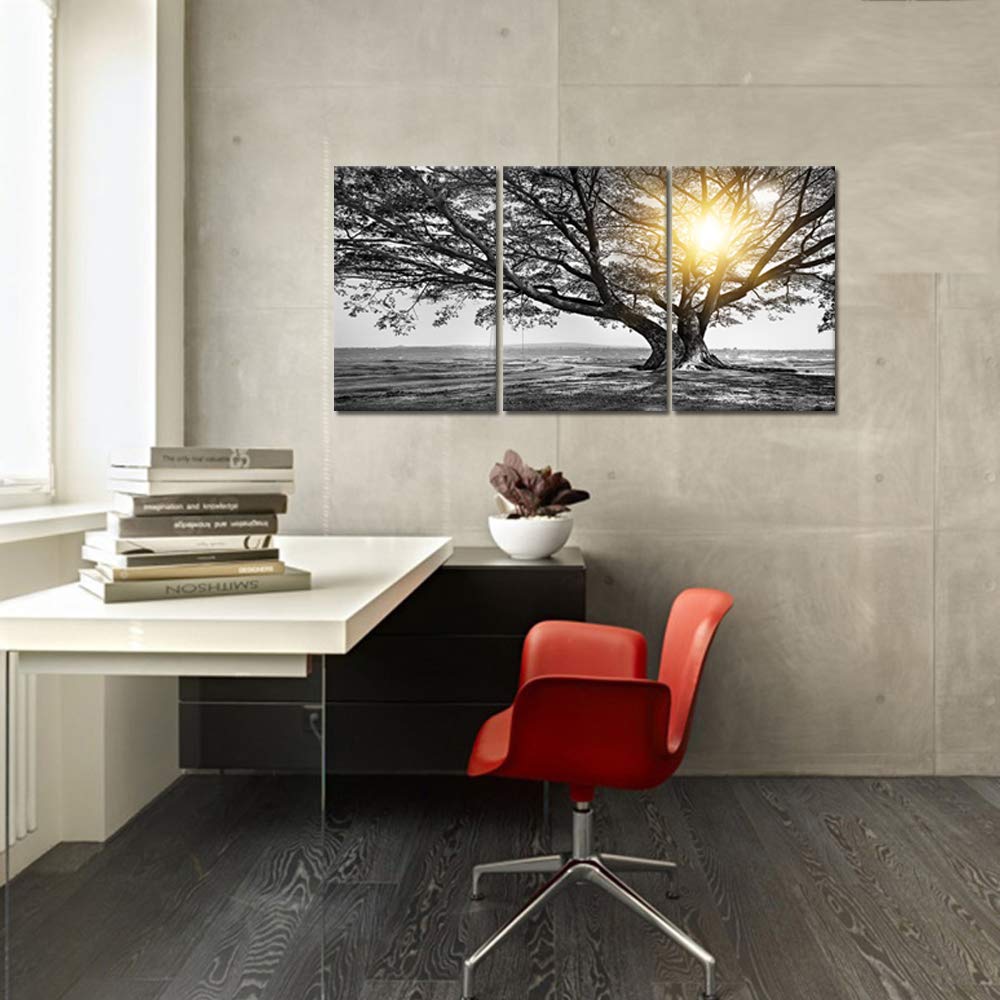 Biuteawal Arte de pared de 3 piezas de árbol blanco y negro al amanecer cálido paisaje - Imagen 5