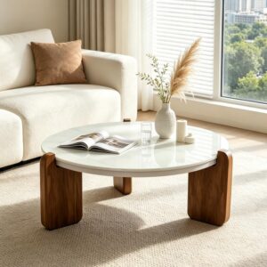 ADORZ Mesa de centro redonda de vidrio de 31.5 pulgadas con patas de madera