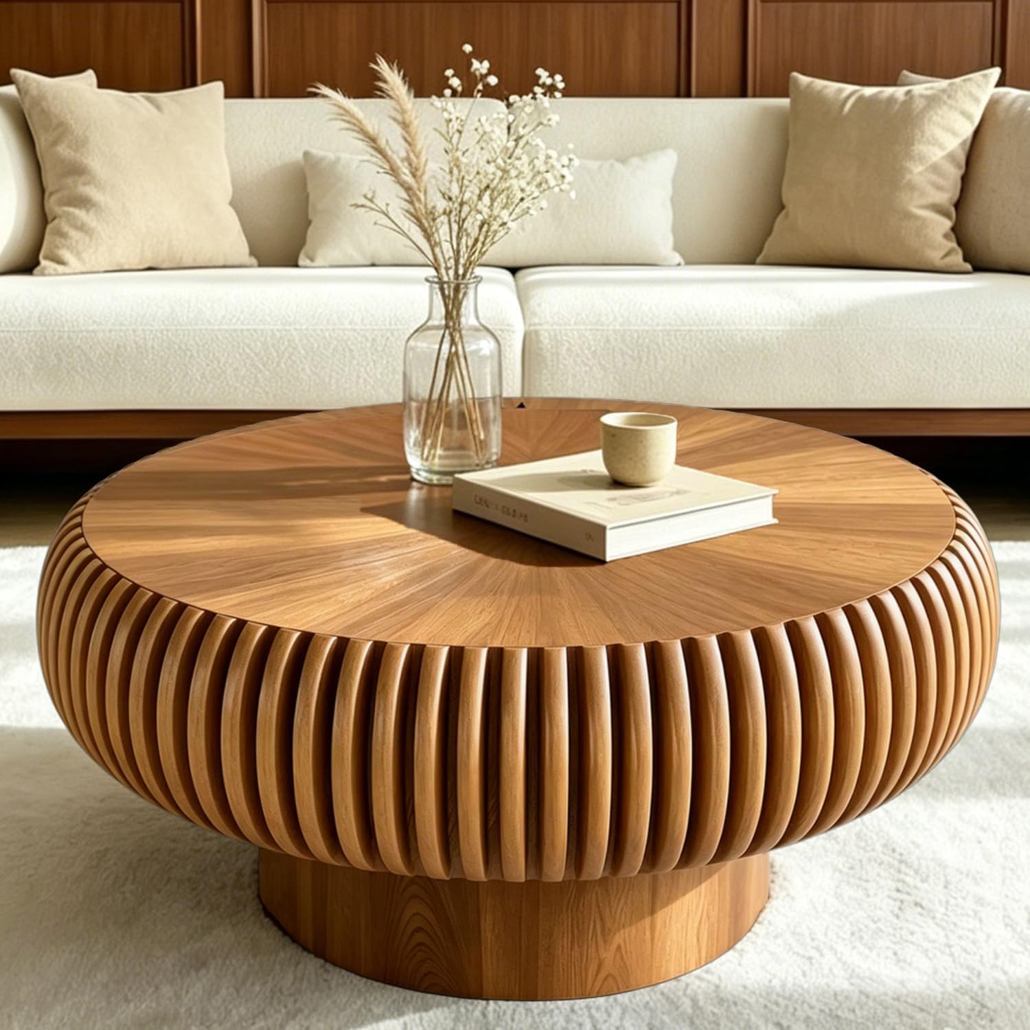 Mesa de centro acanalada de madera de tambor redondo marrón de 31 pulgadas (D, 1 unidad)