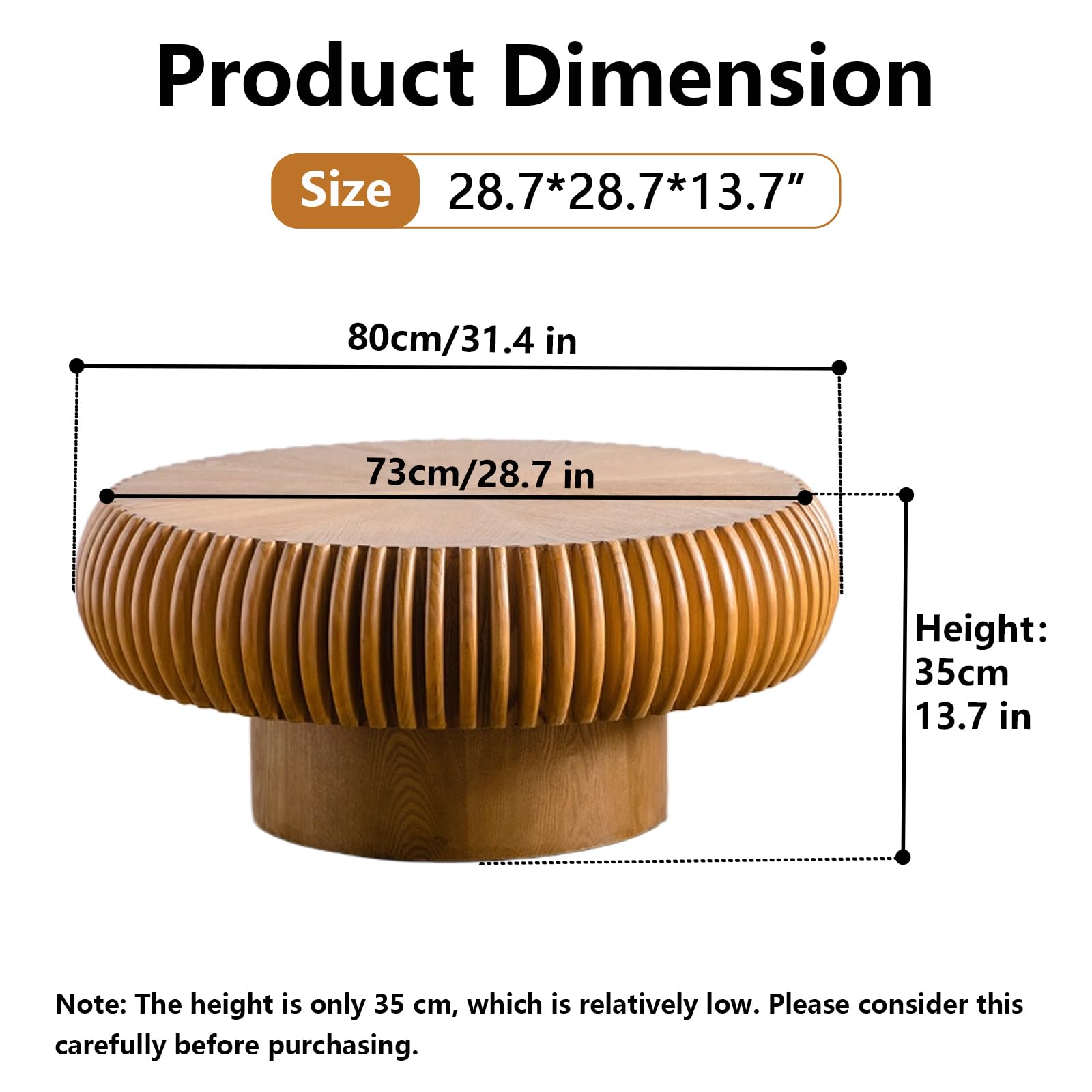 Mesa de centro acanalada de madera de tambor redondo marrón de 31 pulgadas (D, 1 unidad) - Imagen 2