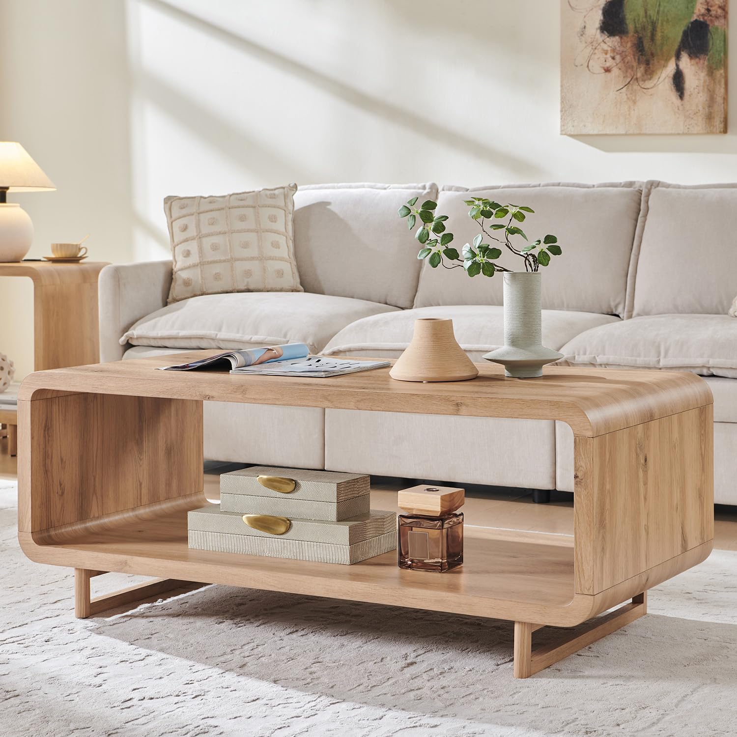 IFGET Mesa de Centro Moderna de 48", Mesa Central Minimalista de 2 Niveles con Estante