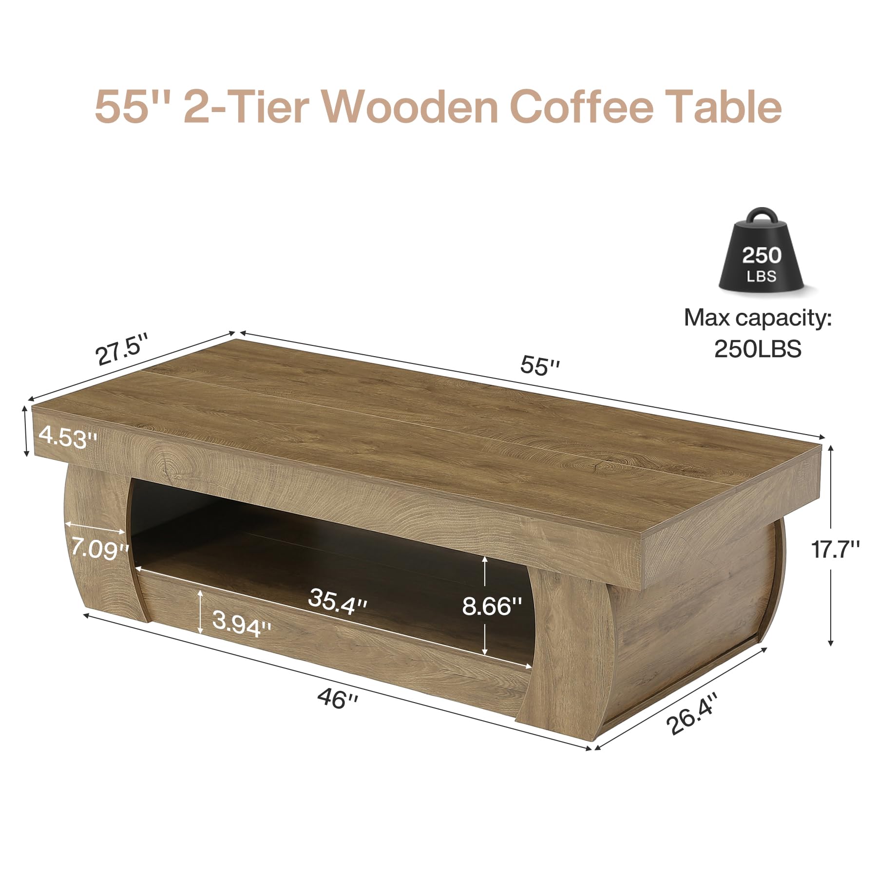 Tribesigns Mesa de centro de madera de 55 pulgadas, 2 niveles - Imagen 2