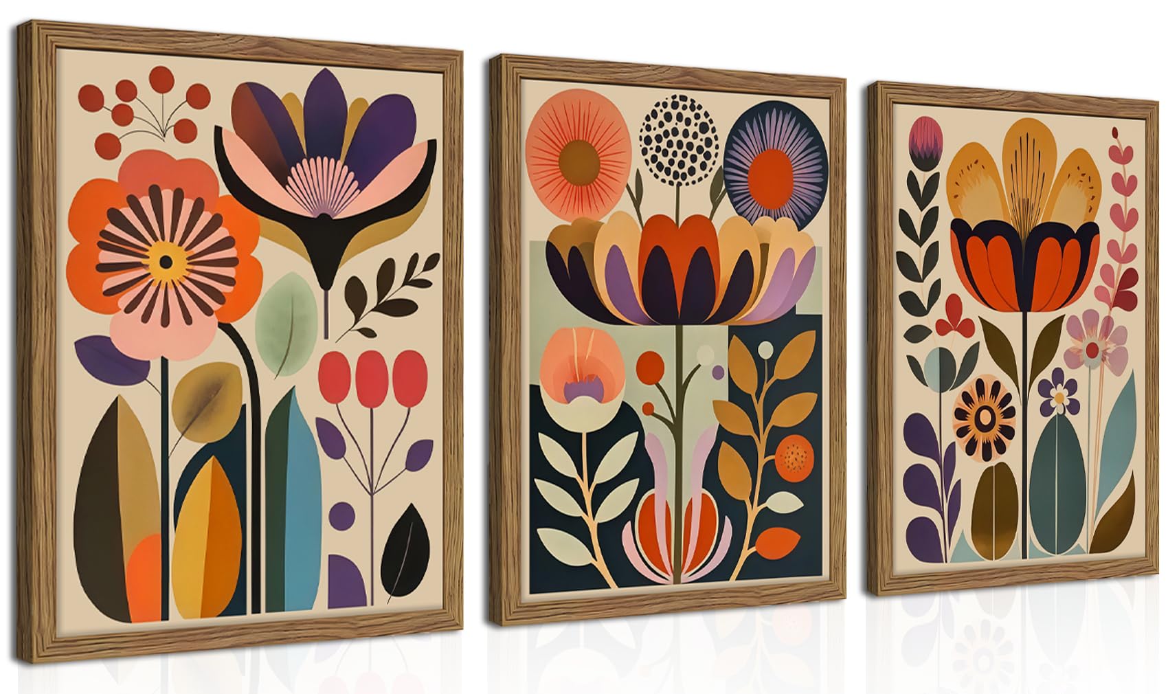Juego de 3 pinturas artísticas abstractas de flores escandinavas enmarcadas