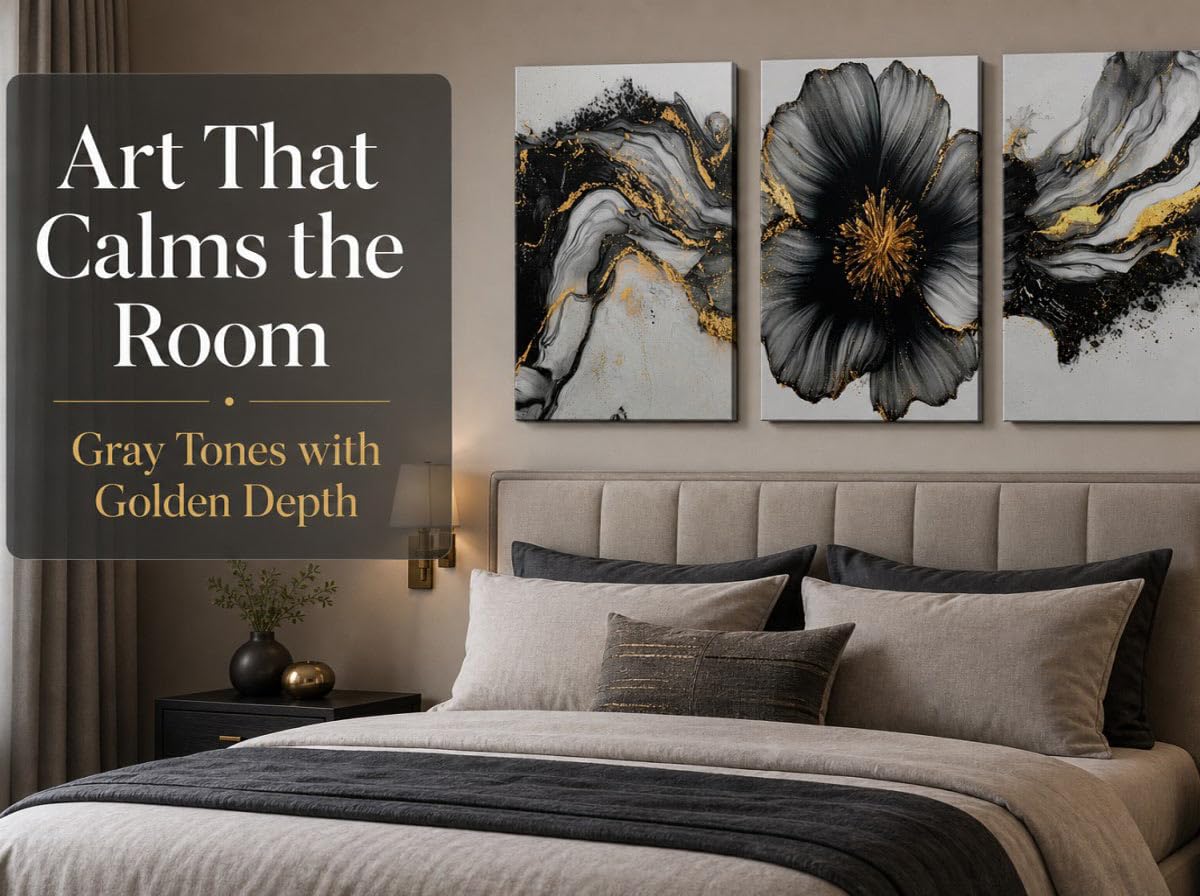 BVVEYKXX Arte de pared en lienzo negro y dorado, impresiones florales - Imagen 4
