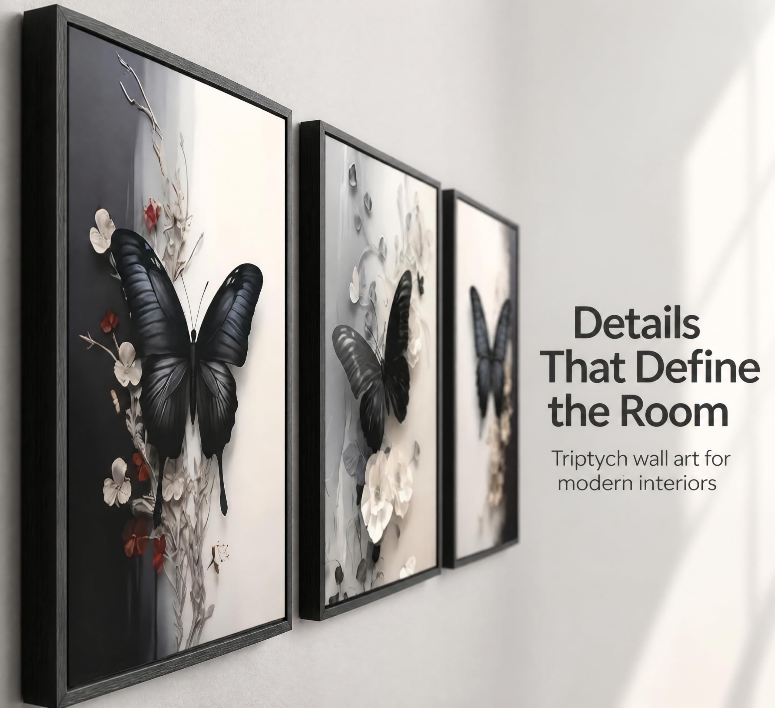 3 piezas de arte de pared en lienzo de mariposa con diseño de flores blancas y negras - Imagen 5