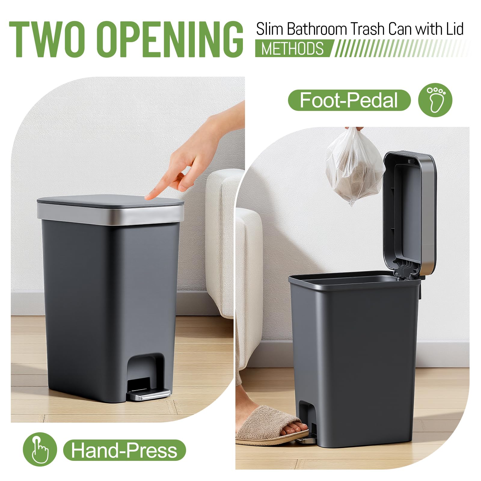 Juego de 2 cubos de basura para baño con tapa de 2.6 galones, cubo de basura pequeño - Imagen 5