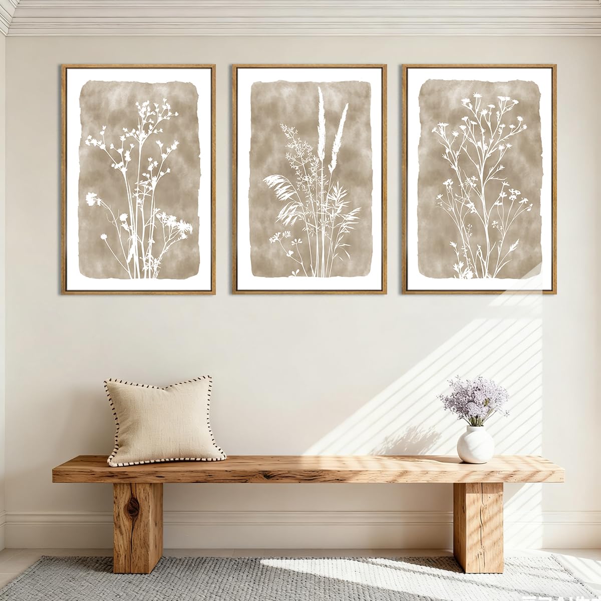 ANHUIB Lienzo decorativo floral neutro beige de 16 x 24 pulgadas, marco marrón, botanital - Imagen 3
