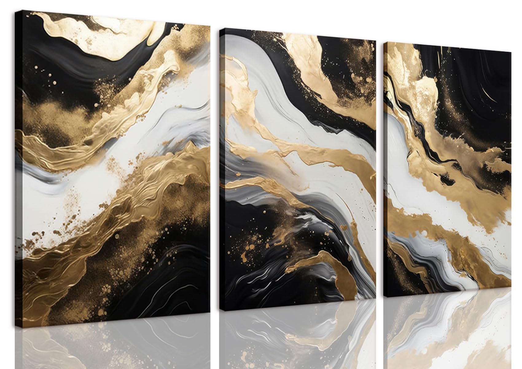ZQARTZZQ 3 piezas enmarcadas en lienzo abstracto de oro negro, impresiones de mármol