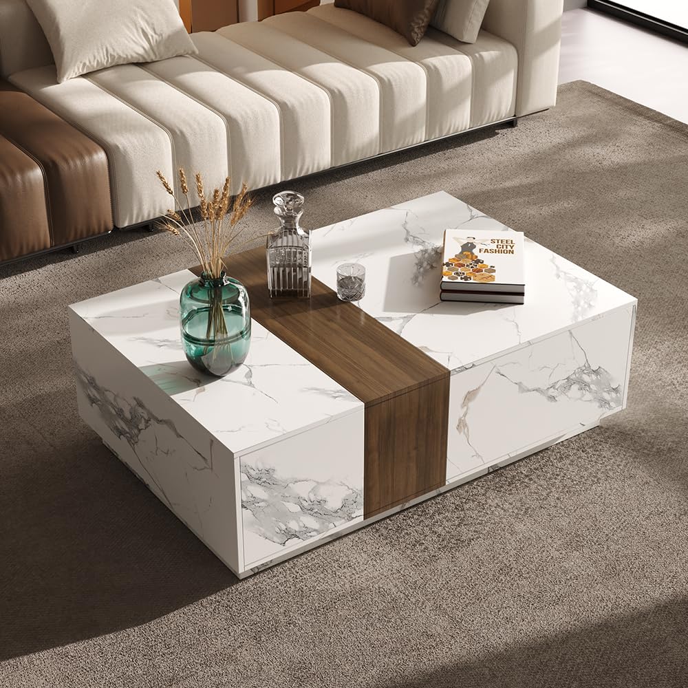 Homary - Mesa de centro de mármol y nogal, color blanco, diseño moderno de