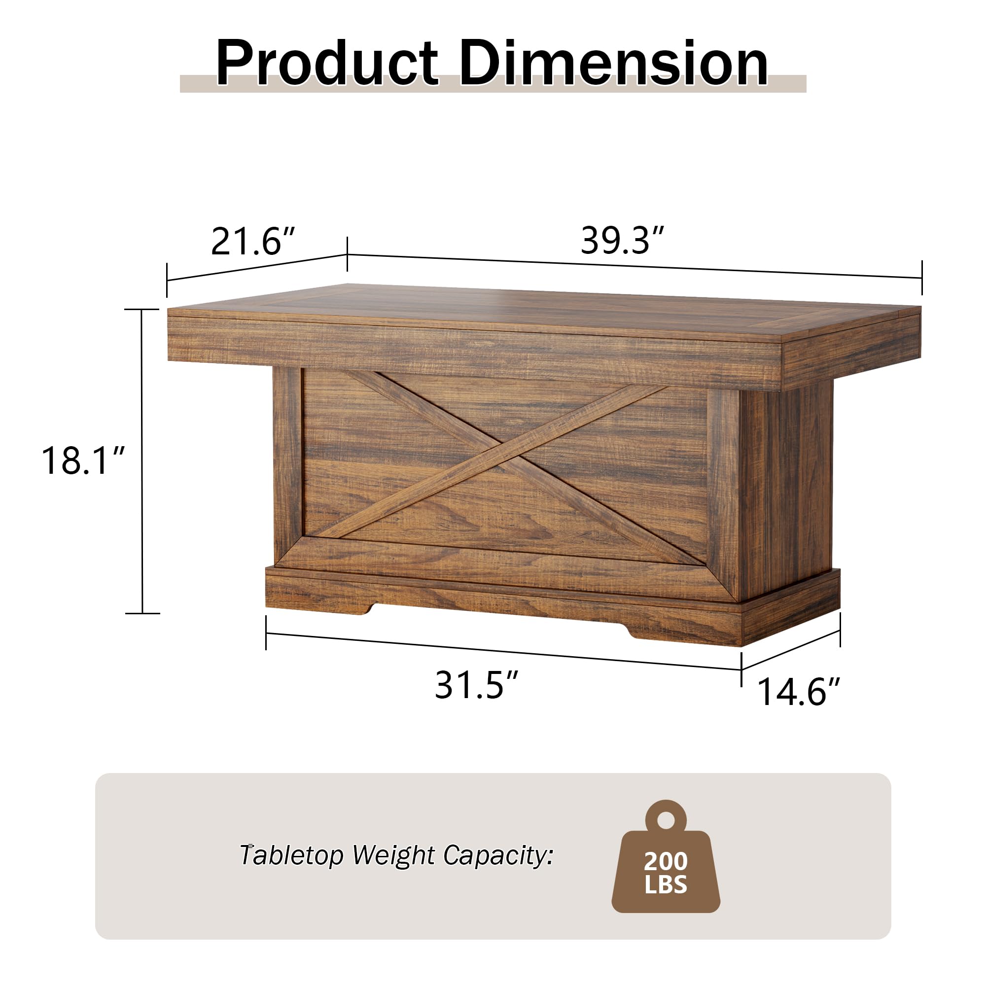 Mesa de centro rústica de 39 pulgadas para sala de estar con - Imagen 2
