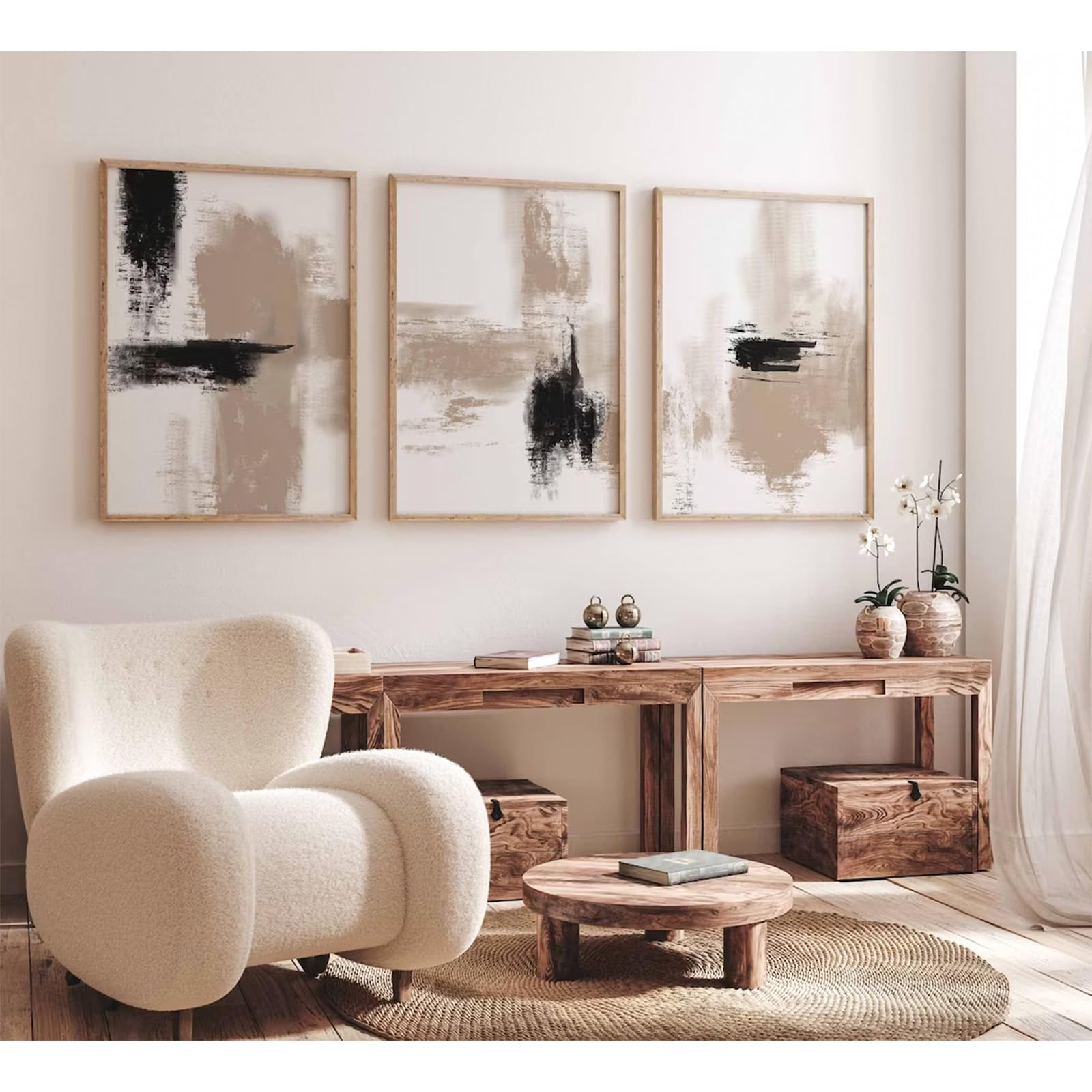 Joocrise Juego de 3 pinturas abstractas de color beige para pared, lienzo neutro