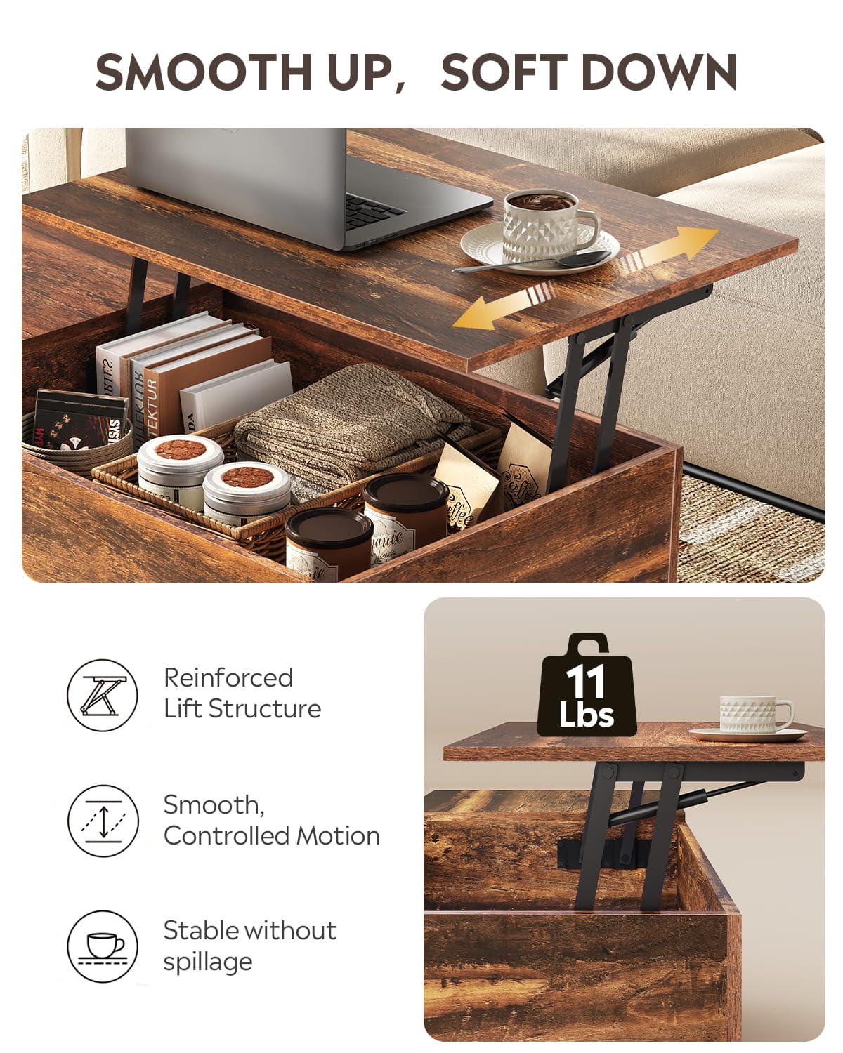 WLIVE Mesa auxiliar elevable con almacenamiento oculto, estante ajustable - Imagen 5