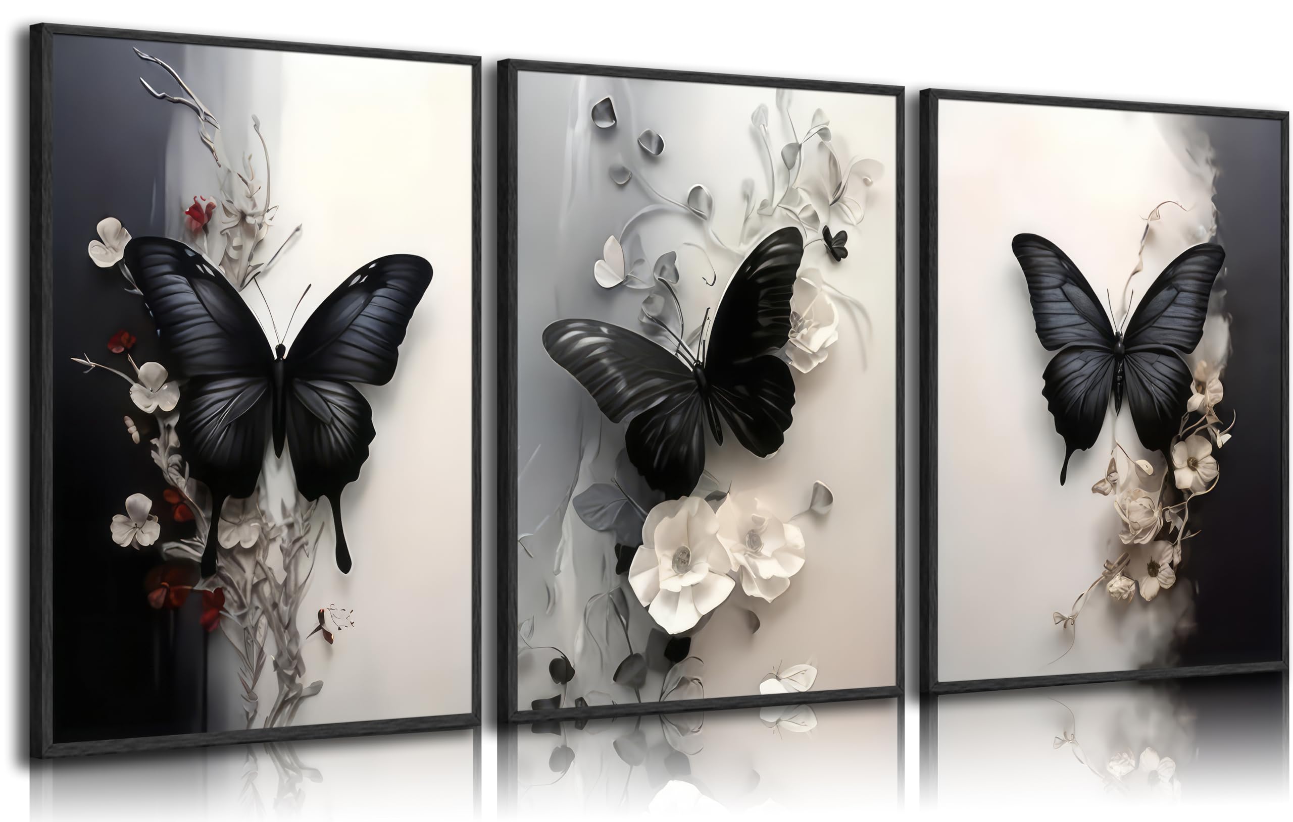 3 piezas de arte de pared en lienzo de mariposa con diseño de flores blancas y negras