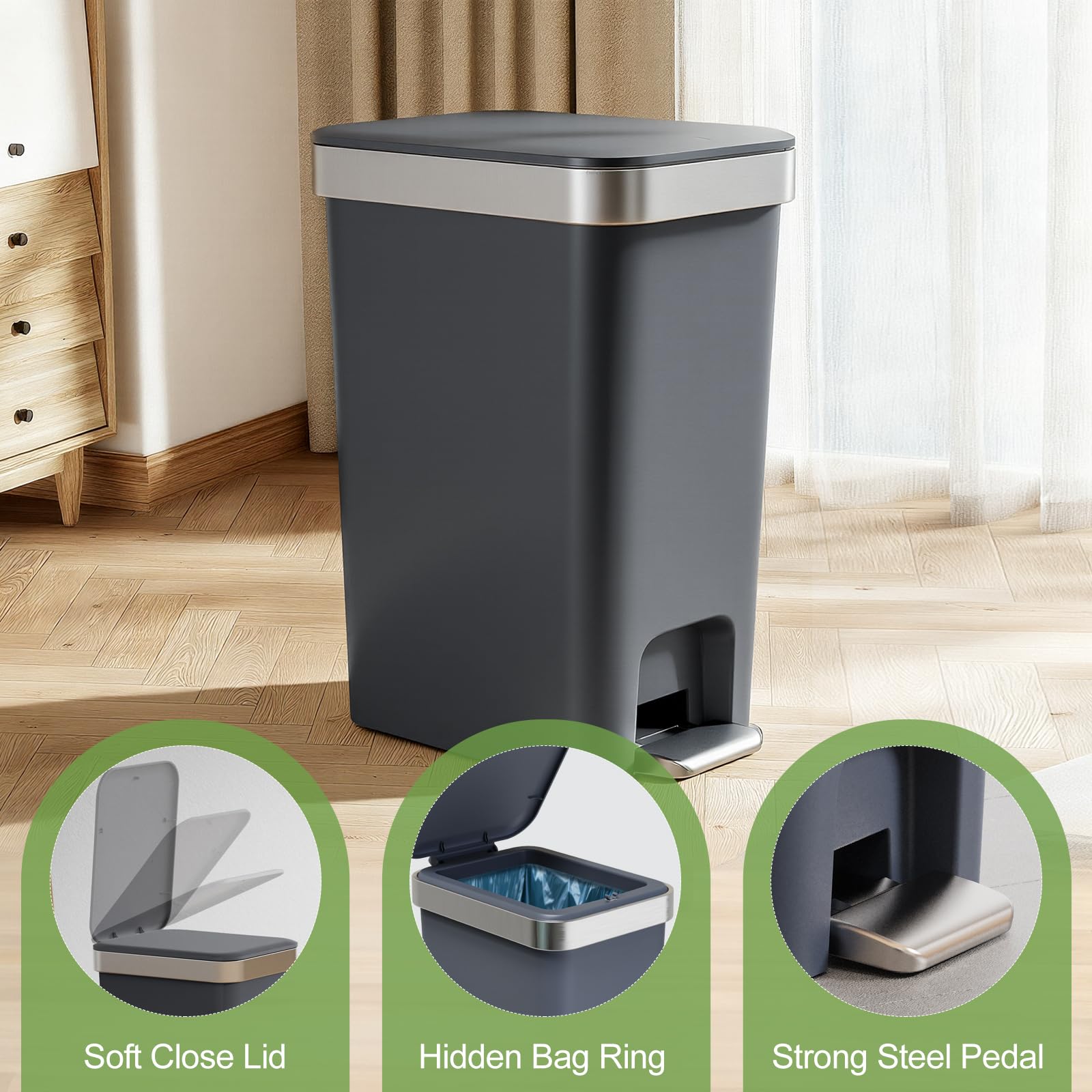 Juego de 2 cubos de basura para baño con tapa de 2.6 galones, cubo de basura pequeño - Imagen 3