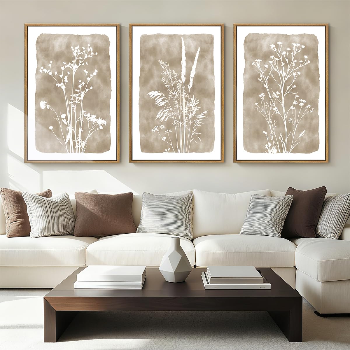 ANHUIB Lienzo decorativo floral neutro beige de 16 x 24 pulgadas, marco marrón, botanital