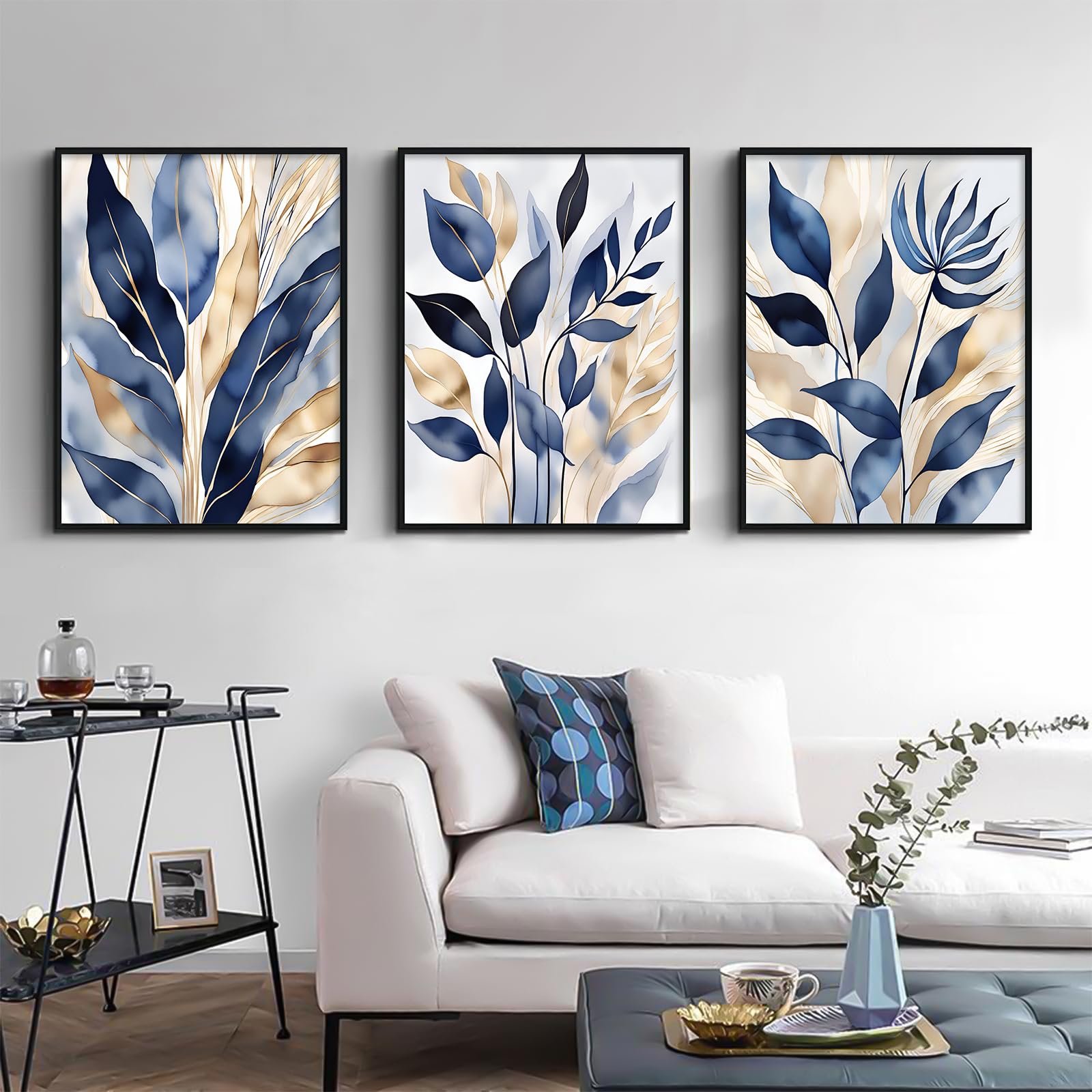 Lhoiplme Arte de Pared Botánico Azul Abstracto Impresiones en Lienzo de Hojas Decoración - Imagen 4