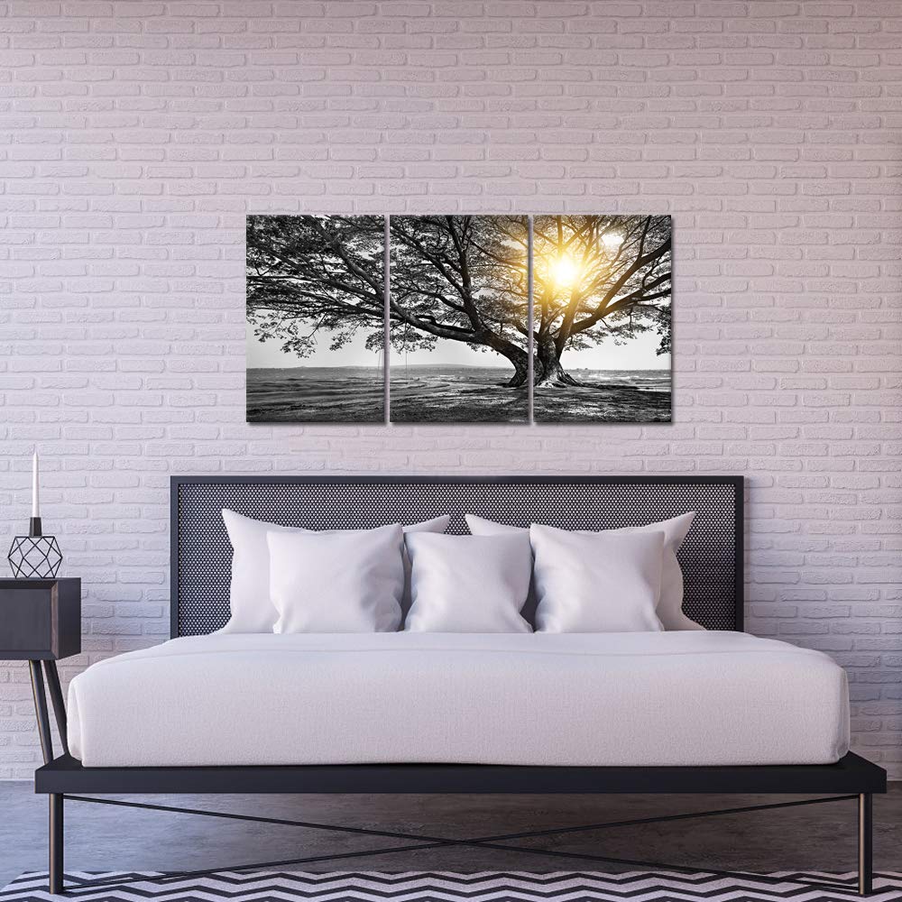 Biuteawal Arte de pared de 3 piezas de árbol blanco y negro al amanecer cálido paisaje - Imagen 3
