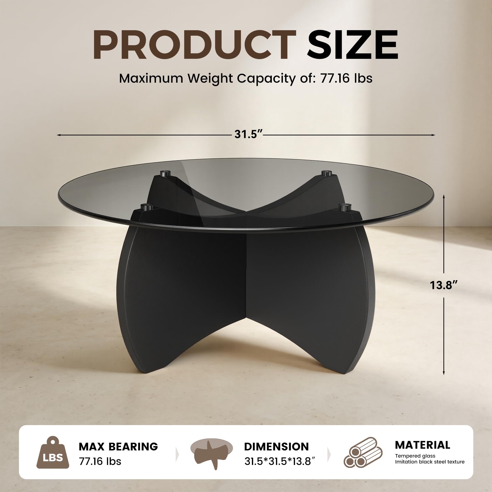 Mesa de centro redonda de cristal, base de madera maciza, 31.5 pulgadas - Imagen 2