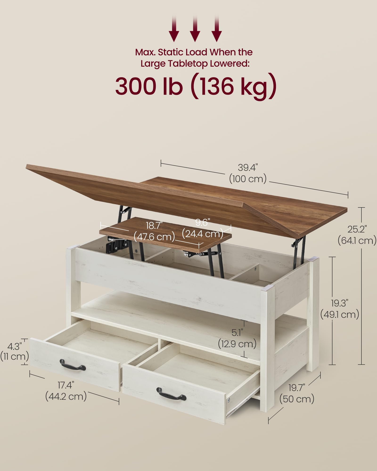 VASAGLE Mesa auxiliar elevable, mesa central 3 en 1 con almacenamiento - Imagen 2