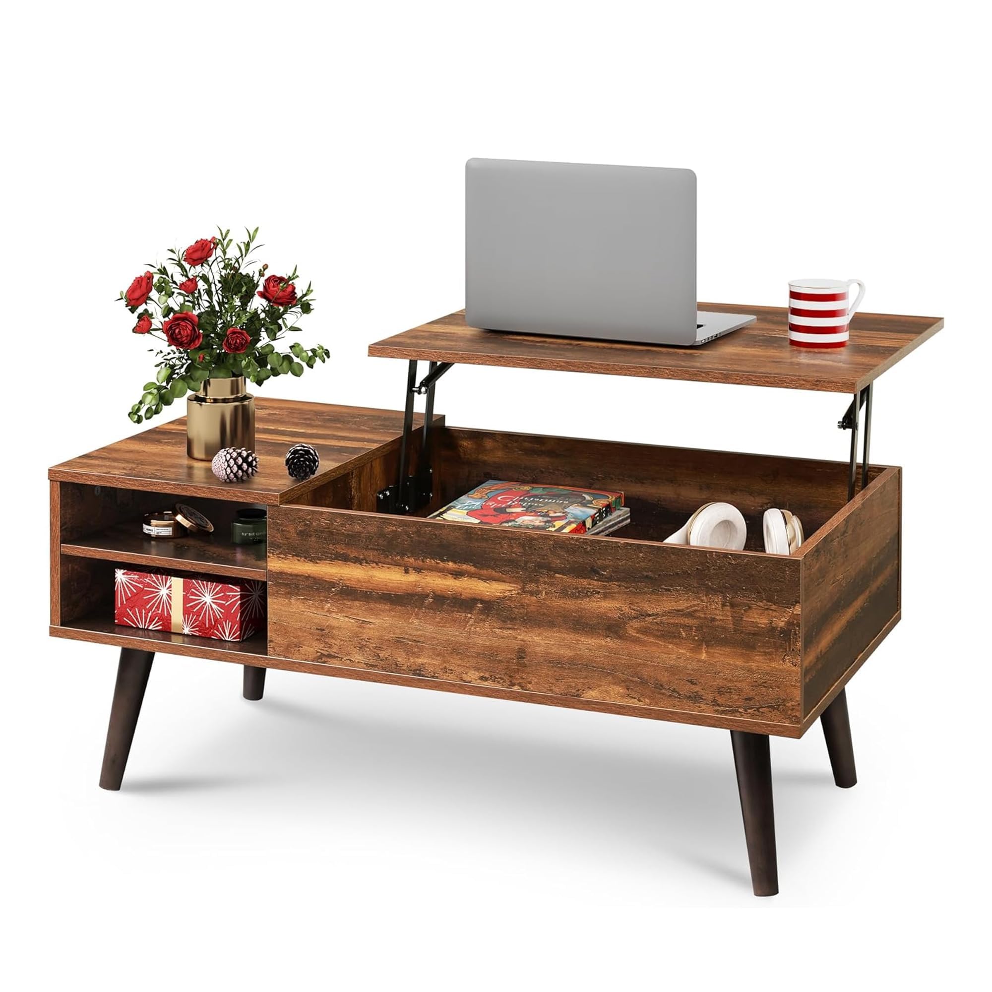 WLIVE Mesa auxiliar elevable con almacenamiento oculto, estante ajustable
