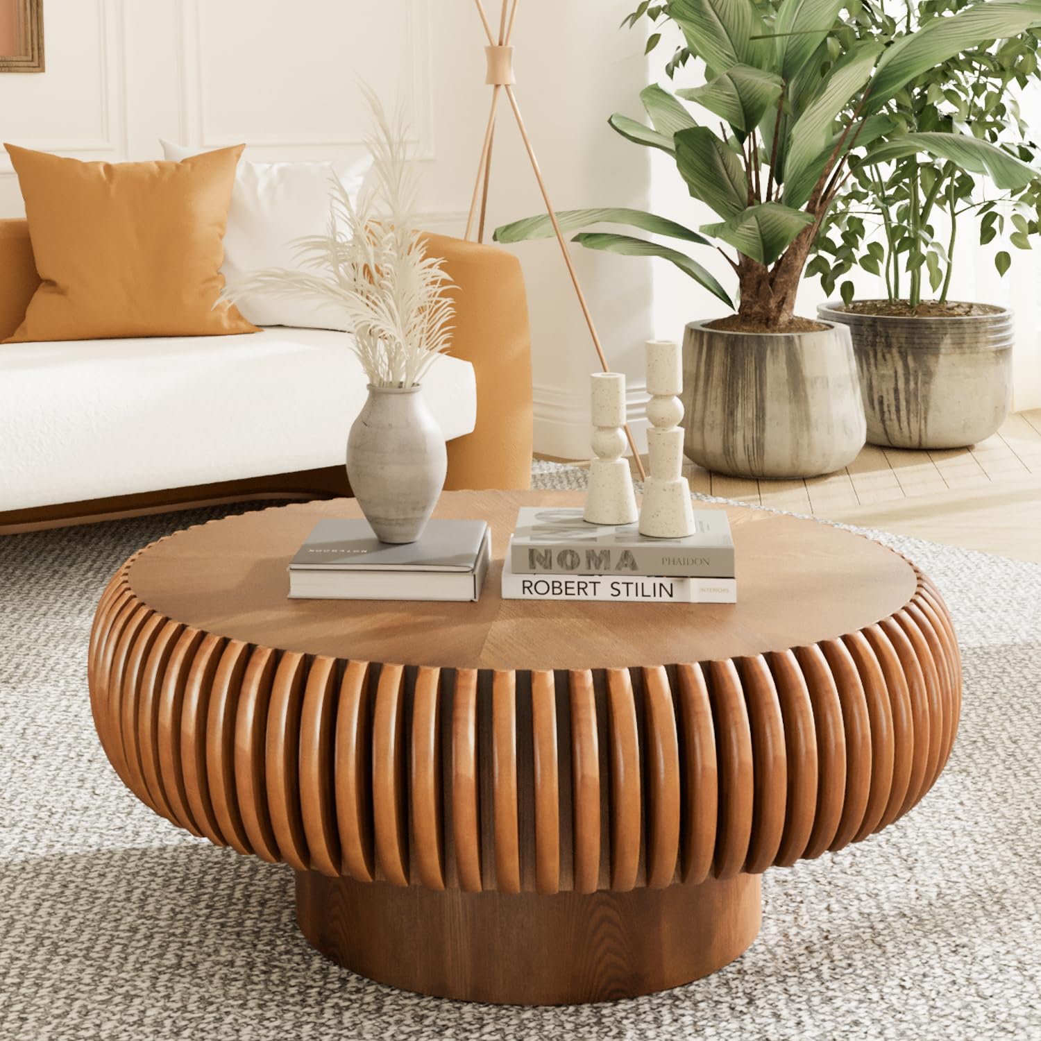 Mesa de centro acanalada de madera de tambor redondo marrón de 31 pulgadas (D, 1 unidad) - Imagen 5