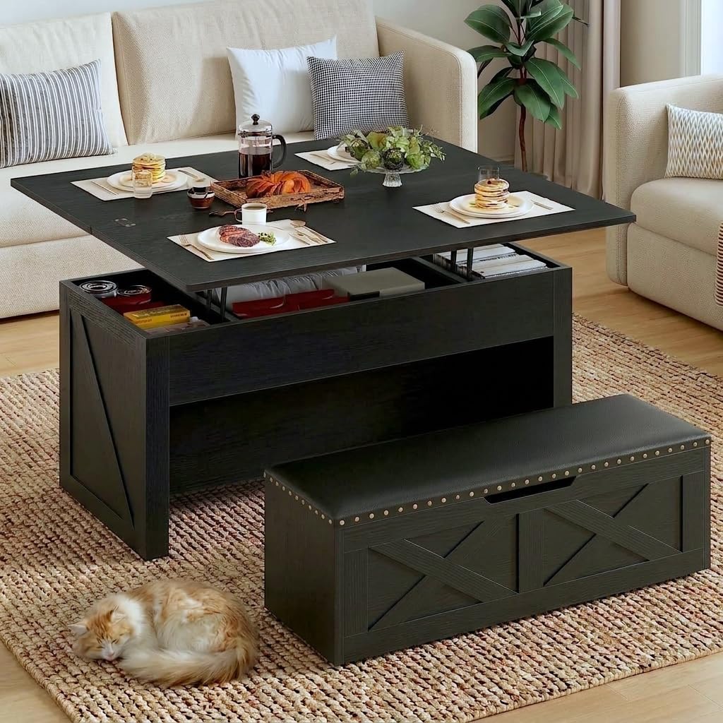 Mesa auxiliar elevable con banco de almacenamiento, diseño convertible 4 en