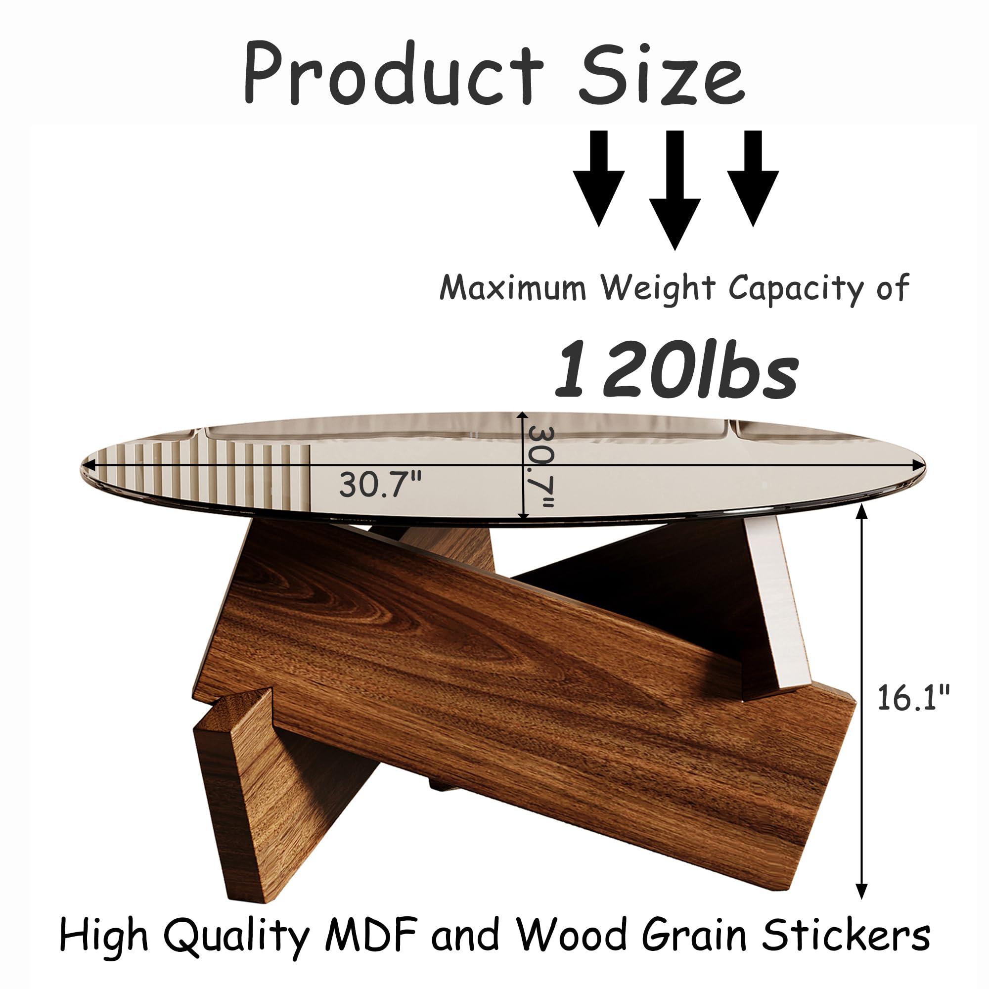 Modern Round Coffee Table, 30.7" x 30.7" x 16.1" Tempered Glass Top for Living Room - Imagen 2