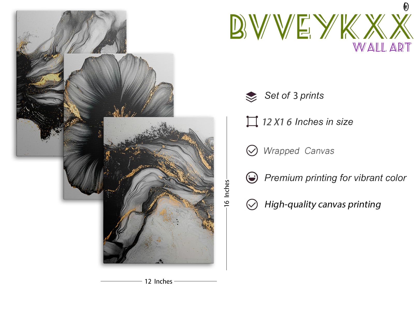 BVVEYKXX Arte de pared en lienzo negro y dorado, impresiones florales - Imagen 2