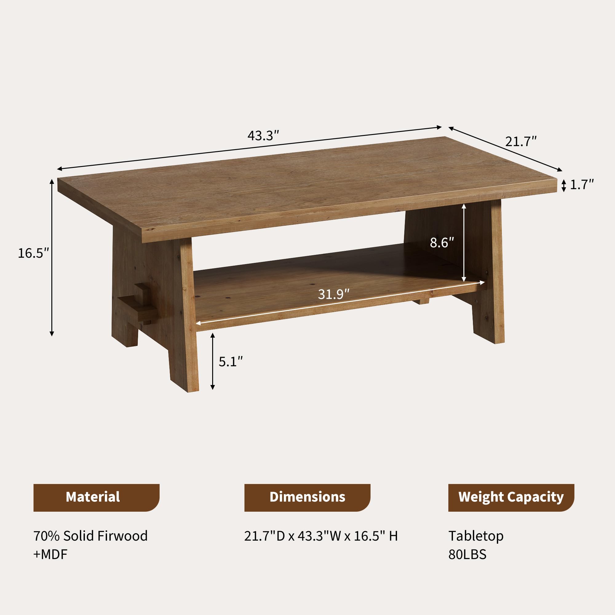 Mesa de centro de madera de granja, mesa central de 43.4 pulgadas - Imagen 2