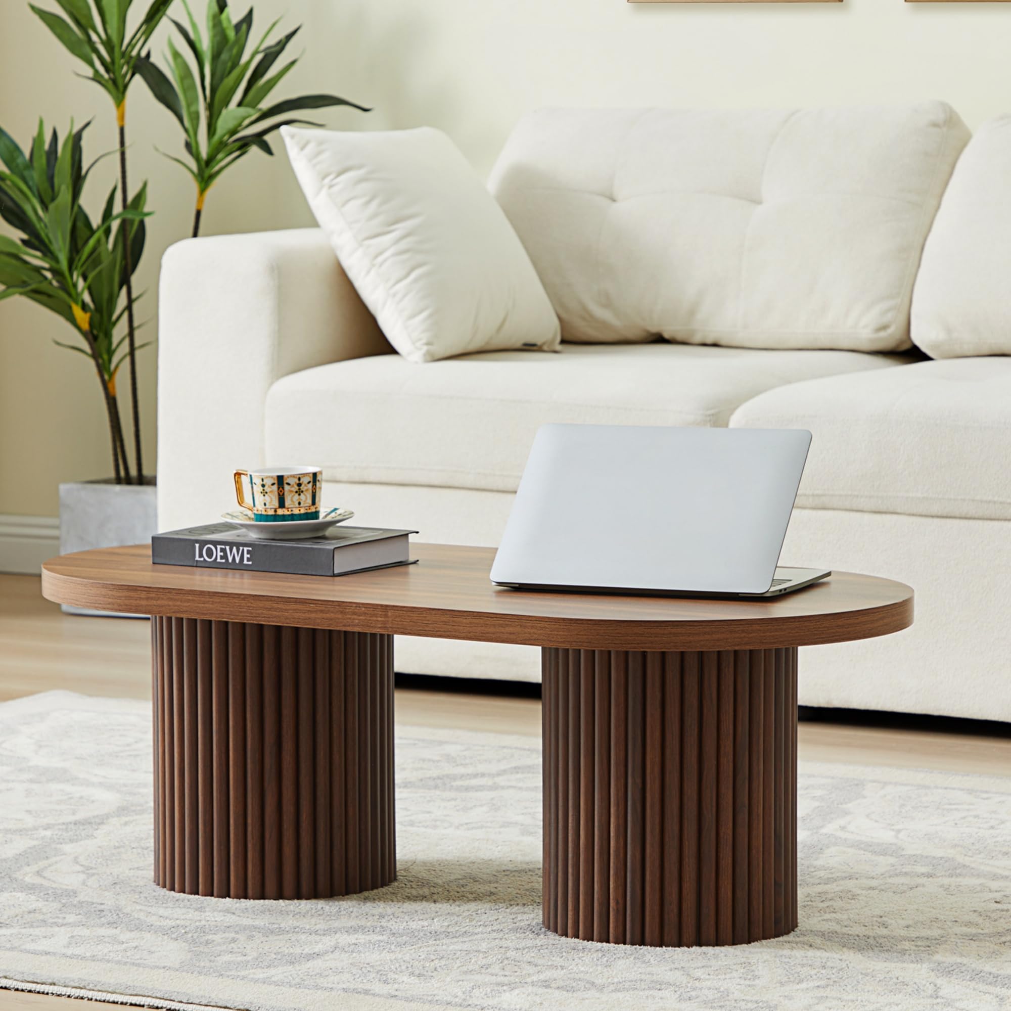 Mesa de centro ovalada acanalada, mesa de centro de madera estilo granja