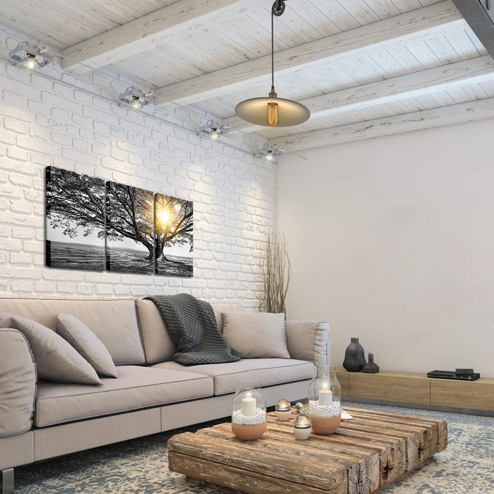 Biuteawal Arte de pared de 3 piezas de árbol blanco y negro al amanecer cálido paisaje - Imagen 4