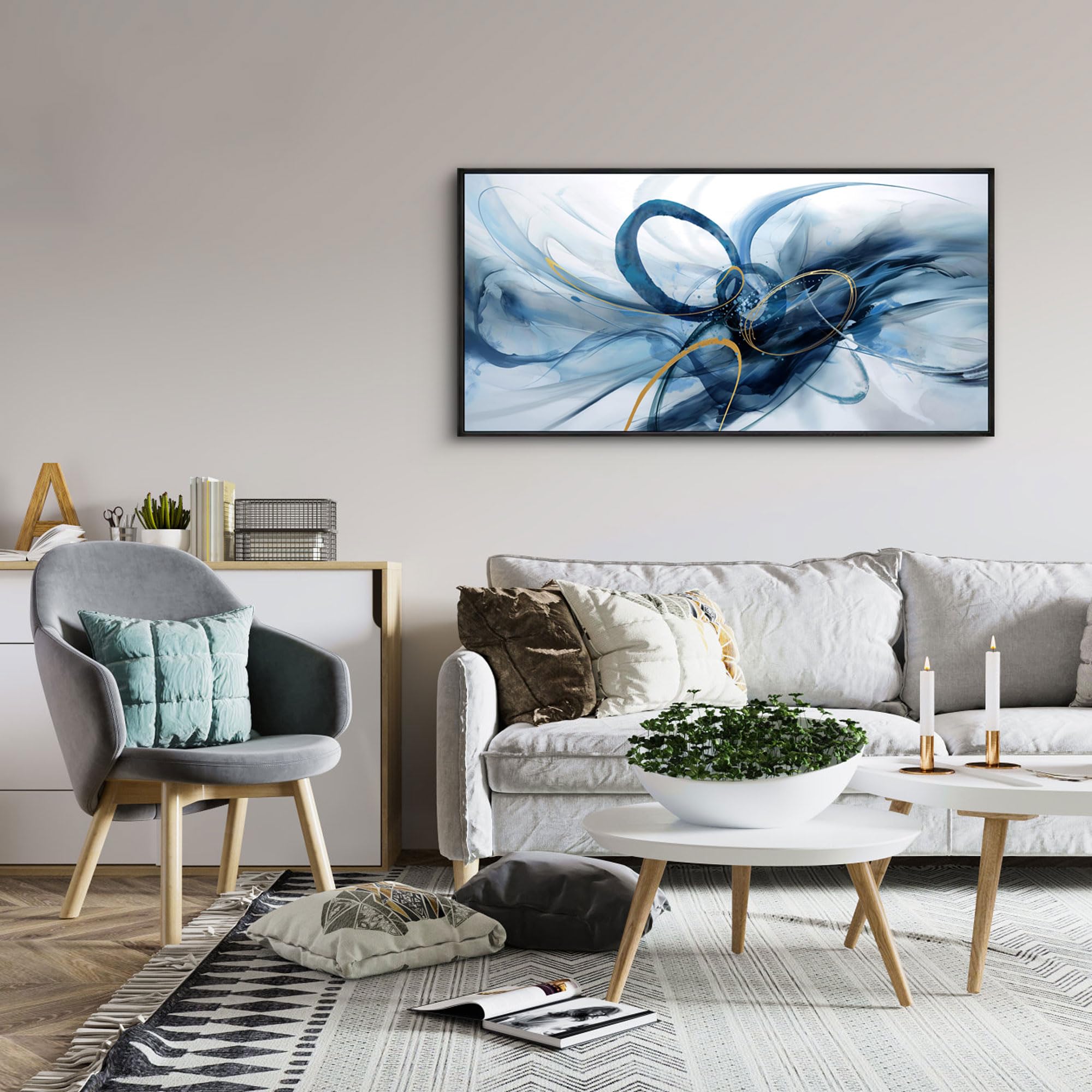 XLSJERST Arte de Pared con Marco - Arte Moderno de Lienzo Abstracto en Azul y Blanco - Imagen 2