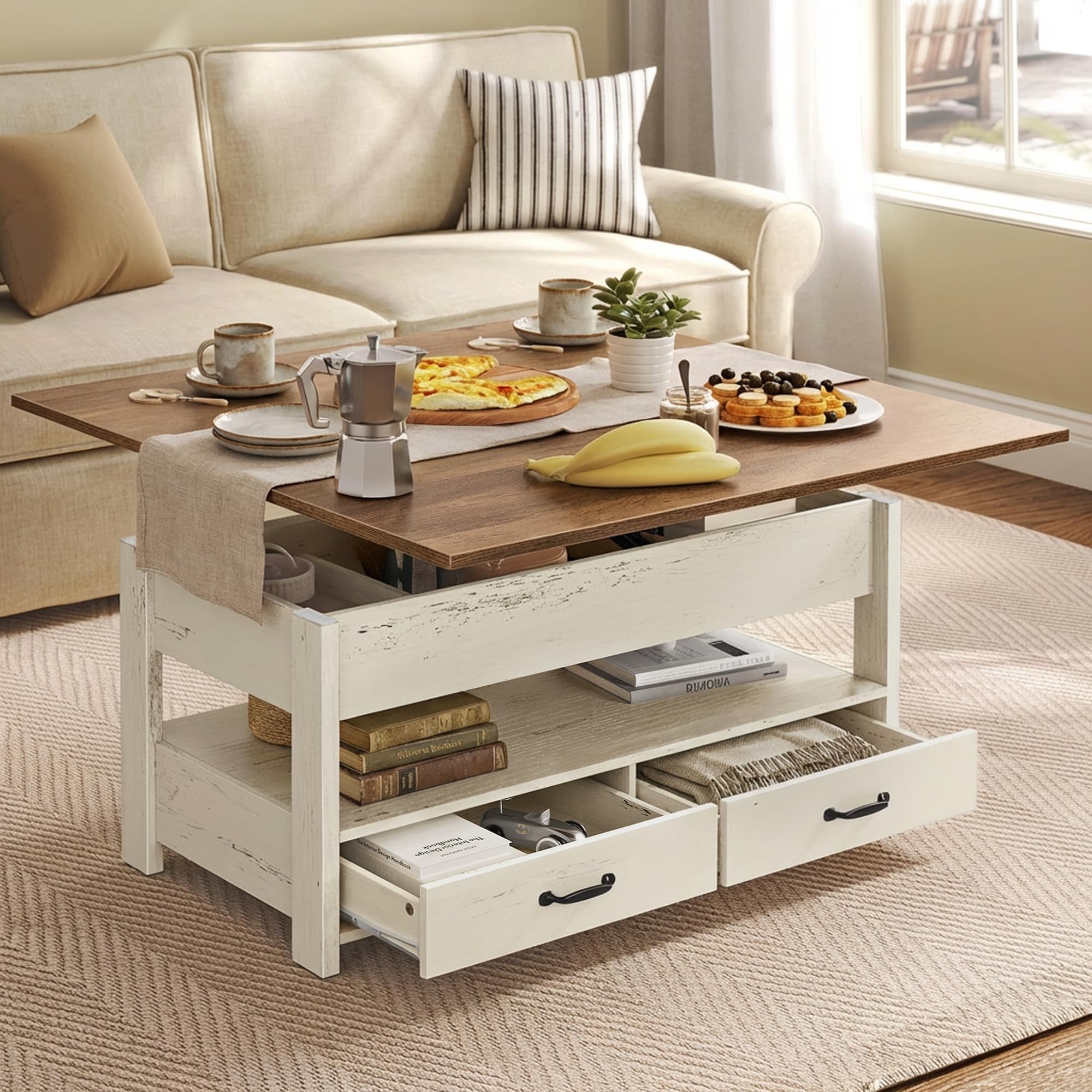 VASAGLE Mesa auxiliar elevable, mesa central 3 en 1 con almacenamiento