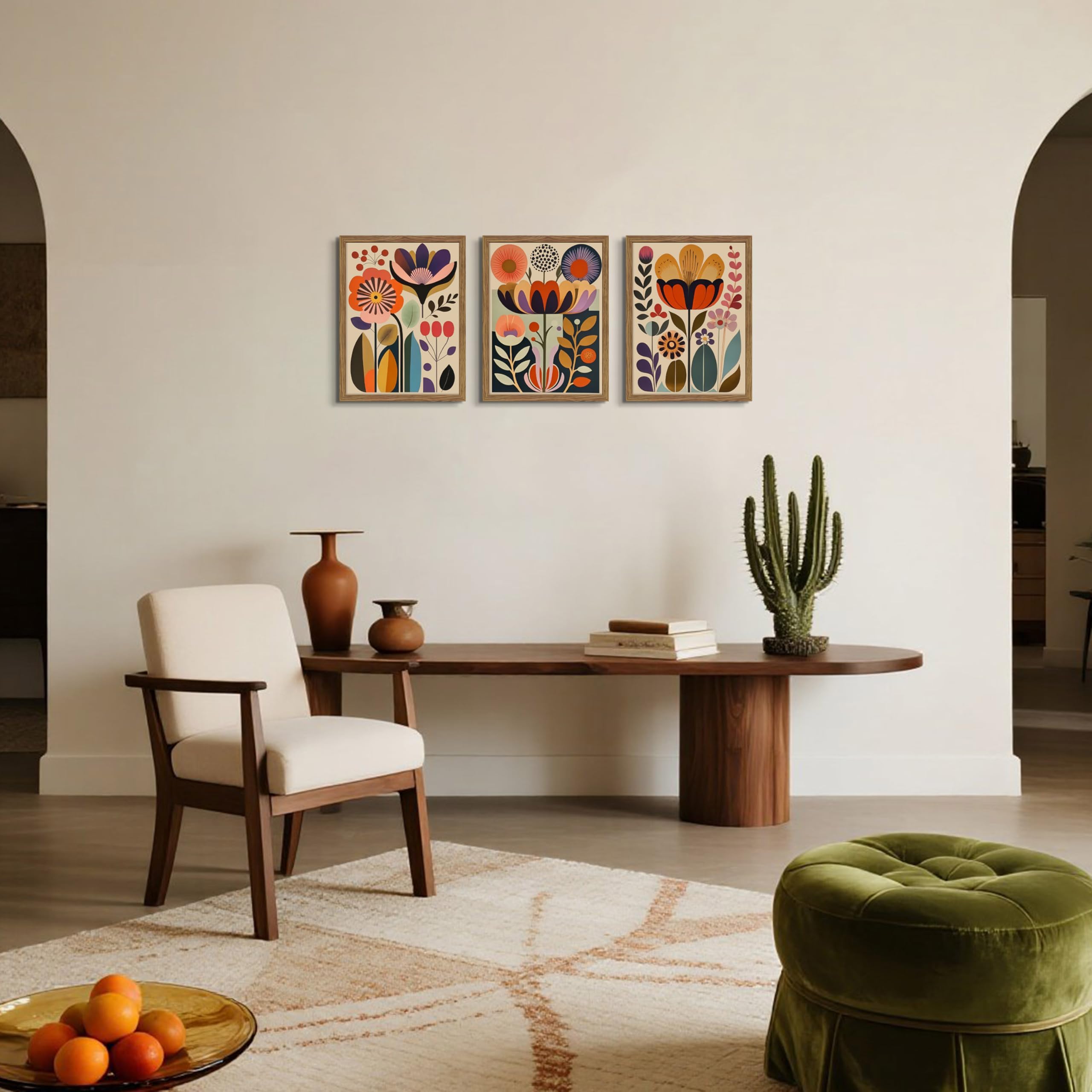 Juego de 3 pinturas artísticas abstractas de flores escandinavas enmarcadas - Imagen 2
