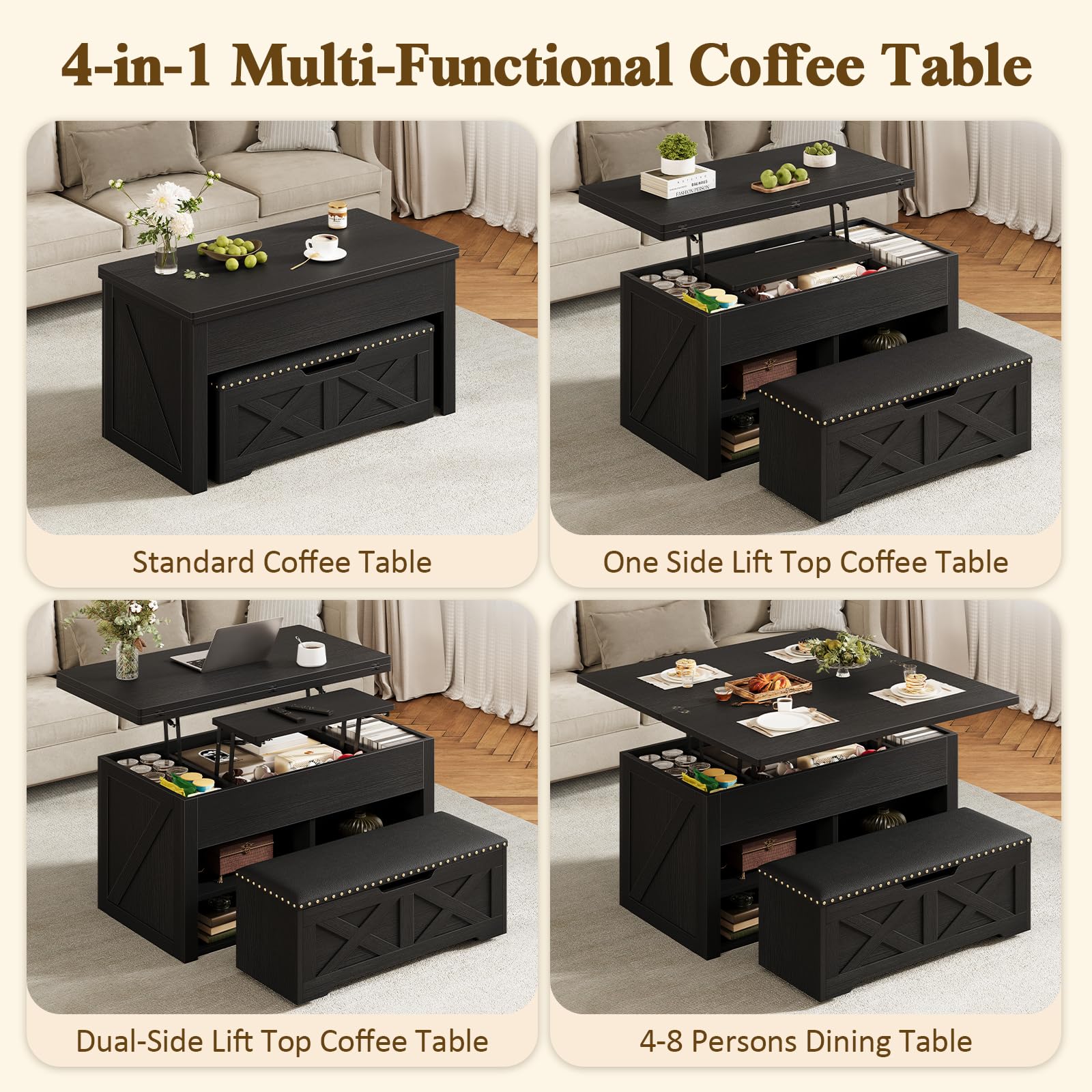 Mesa auxiliar elevable con banco de almacenamiento, diseño convertible 4 en - Imagen 3