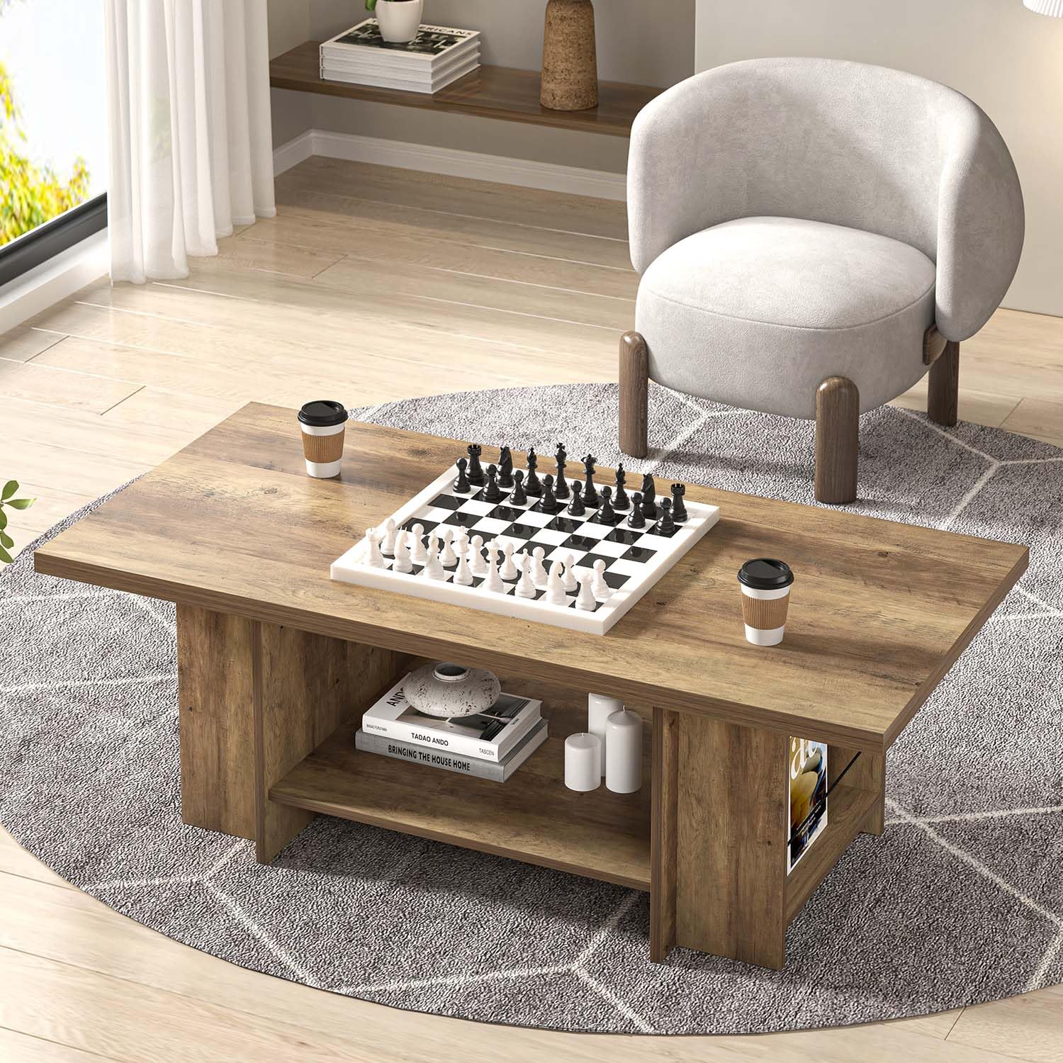 Mesa auxiliar de madera, mesa central moderna para sala de estar con estante inferior - Imagen 3